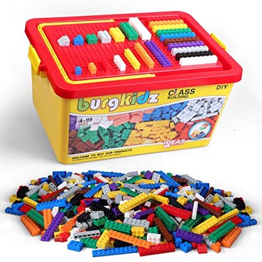burgkidz Building Bricks 1020 Pieces Set 1000 Basic Building Blocks in 17 Fun Shapes Includes Wheels Door Window Bulk Block with Storage Box Handle and Base Plate Compatible Block Construction Toys