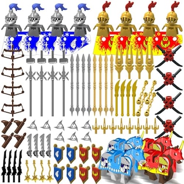 Nicolababe Weapon Pack for Minifigures Knight Weapons Set Accessories Kit Include Armor Helmet Cloaks Shield Barding Horses Compatible with All Major Brands Medieval Weapon