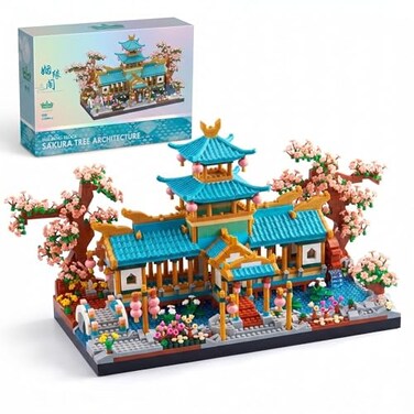JXRLMB Chinese Classical Suzhou Gardens Micro Building Blocks Sets with Sakura Cherry Tree Challenging Construction Set for Adults Home and Office Decoration Gift for Age of 14 2350 pcs