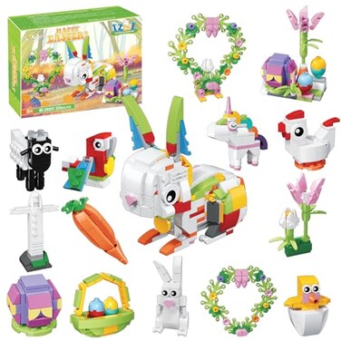 Xalvitra 12Pcs Easter Egg Fillers Building Kits Easter Rabbit 12 in 1 Building Blocks Set Easter Bricks Toy Gift Easter Egg Fillers Easter Basket Stuffers Easter Party Favors for Kids 6