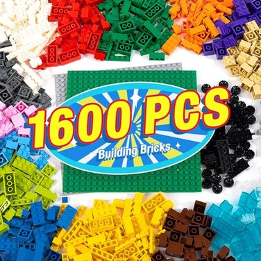 MANNIDOO 1600 Pieces Building Bricks Building Bulk Block with 2 Packs 24x24 Studs Sticky Plate and 46PCS Wheel Accessory Compatible with All Major Bricks Gfits for Kid 18 Shape16 Colo