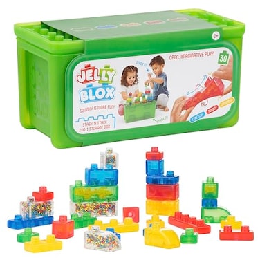 Jelly Blox Stash N Stack 2in1 Storage Case with 30 Blocks Toddler Preschool Building Blocks Kids Can Squeeze Stretch MESH ACCREDITED Safety Tested OuchFree Sensory Play Toy Ages 2