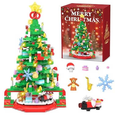 Flyart Christmas Tree Building Blocks Toy Building Sets with LED Light Christmas Tree Building Bricks with Christmas Train Stocking Snowflake Xmas Gifts for Kids Adults Teens