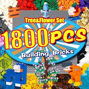 cumeysnon 1800 Pieces Building Bricks SetBuilding Bulks Blocks with 1 Packs 24x24 Studs Sticky Plates205 Pcs Flowers and Tree Set 14 Colors 18 Random Bulk Shapes Creative Toy Gift for Boys Girls