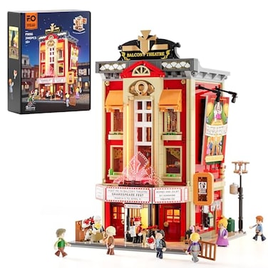 FUNWHOLE BalconyTheatre Lighting BuildingBricks Set City Town Creator House with LED Light MultiForm Modular Collectible Display Kit 2445 Pcs for Adults and Movie Lovers