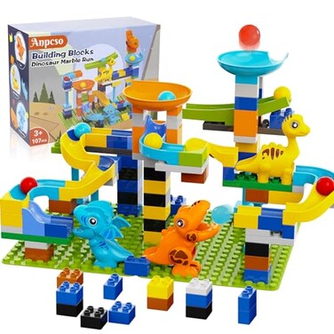 Anpcso Marble Run Building Blocks Dinosaurs Marble Track Toy Classic Large Bricks for 3 4 5 6 7 Year Old Boys Girls Kids Bricks Compatible with All Major Brands