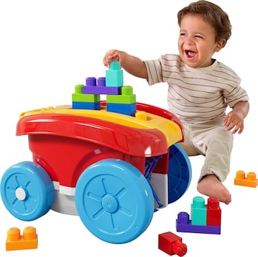 Mega Bloks MEGA BLOKS First Builders Toddler Building Toy Block Scooping Pull Wagon with 20 Pieces and Builtin Storage Picks Up Blocks Red Kids Ages 1