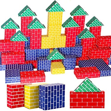 Junkin 48 Pcs Cardboard Building Blocks Extra Thick Jumbo Cardboard Blocks Pretend Blocks Rectangle Square Triangle Stacking Blocks for Kid Educational Learning Play Toys Blue Yellow Red Green