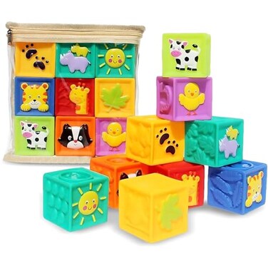 Kingtree Baby Blocks 9PCS Soft Squeeze Building Blocks Stacking Toys for 6 Months Babies Baby Teething Chewing Educational Blocks Set with Numbers Animals Shapes Textures