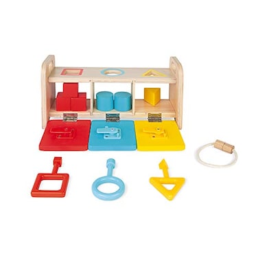 Janod Shape Sorter Box with Keys Wooden Sorting Toy with Geometric Shapes Ages 18 Months J05065