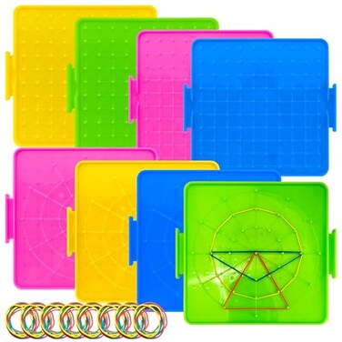 Oopsu 8 Pack Plastic Mathematical Manipulative Material Array Block Geo Board with 80 Latex Bands for Kids4 Colors