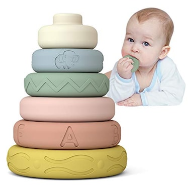 Mini Tudou 6 PCS Baby Stacking Nesting Toys Soft Stacking Blocks Ring Stacker Baby Sensory Teether Toys with Letter Animal and Shape Early Learning Toys for Babies Toddlers Kids 6 Months
