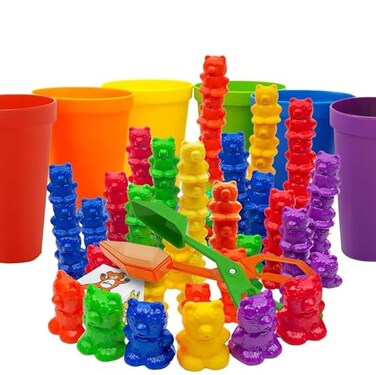 Skoolzy Rainbow Stacking Bears with Matching Sorting Cups 69 Piece Set 60 Bear counters Scissor Tongs Rainbow Cups Storage Bag Sorting dice Game