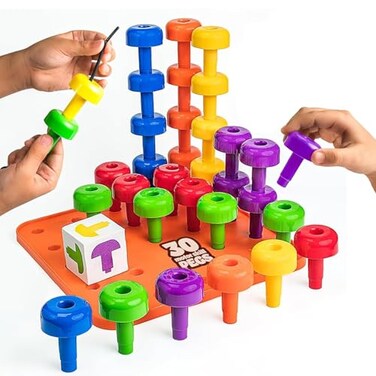 Skoolzy Peg Board Set Montessori Toys for 2 Year Old 33 Pc Plastic Peg Board for Kids Occupational Therapy Toys with Pegs Dice Lacing String Storage Bag