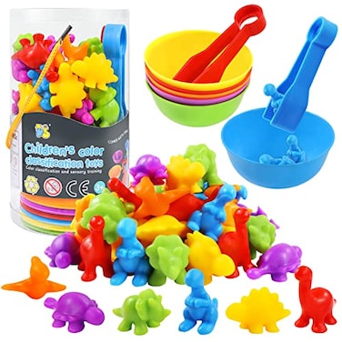 RAEQKS Counting Sorting Dinosaur Toys Montessori Sensory Matching Toy with Bowls Preschool Learning Activities Educational Stacking STEM Game Animals Gifts Sets for Kids Aged 3 Years Old Boys Girls