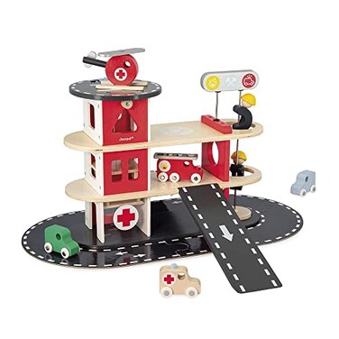 Janod Bolid Wooden Fire Station 5 Vehicles Included Imagination and Fine Motor Skills WaterBased Paints 2 Years J04639