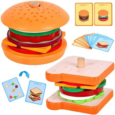 MIKNEKE Wooden Burger Sandwich Stacking Toys for Kids Montessori Toys for Toddlers Preschoolers Develops Fine Motor Skills