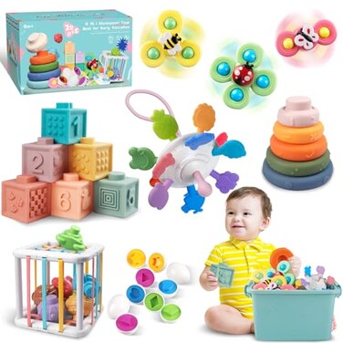 Plunack 6 in 1 Montessori Baby Toys for 612 Months Stacking Blocks Rings Pull String Suction Cup Spinner Matching Eggs Shape Sorter Sensory Bin Infant Developmental Gift Set