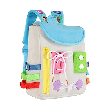 WHITE DOLPHIN Busy Board Toddler Backpack with Buckles and Learning Activity Toys Develop Fine Motor Skills and Basic Life Skills Learn to Tie Shoes Childrens Travel Toy Grey