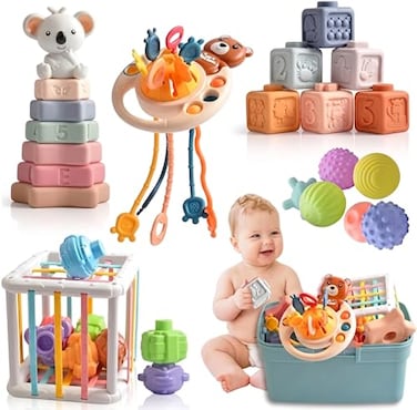 imireux Baby Montessori Sensory Toys Travel Stroller Infant Toy 6in1 Pull String Activity Toy Koala Stacker Soft Blocks Textured Balls for Babies 6Months for Fine Motor Skills