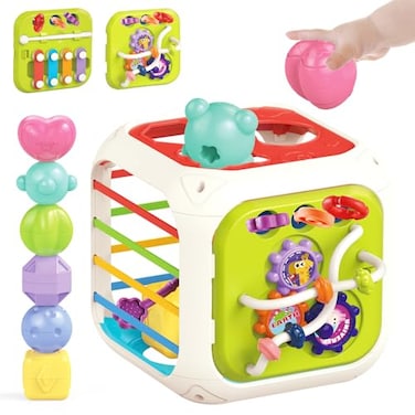 MINGKIDS 7 in1 Baby Sensory Montessori Activity Cube Toys Shape Sorter Early Learning ToysDevelopmental Infant Birthday Gifts for Toddler Age 1 2 3