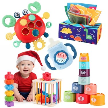 KADAYAYA Montessori Baby Toy for 18 Months Teether Rattle Tissue Box Pull String Crab Toy Infant Sensory Toys Shape Storage BinStacking Cup Toy Gift for Toddlers Boys Girls 1 2 3 Year Old