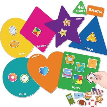 EAMAY Shape Sorter Toy for Toddler Shape Puzzles and Matching Games Set with 8 Sorting Mats and 48 Everyday Objects Pieces Learning Sorting Toys for Kids