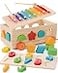 Jessruly Shape Sorter Wooden Xylophone and Montessori Number Puzzle Set for Babies Educational Sorting Game with Storage Car for Toddlers