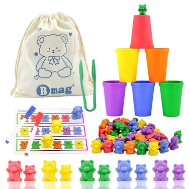 Bmag Counting Bears with Matching Sorting Cups Preschool Math Learning Game with 24 Big Bears 24 Little Bears STEM Educational Learning Activities Gifts for Kids Age 3 4 5 Year Old