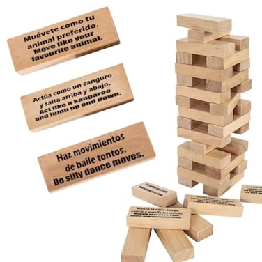 1step2dream Spanish Stacking Tower Game Bilingual Block Game for Kids Adults Perfect for Family Classroom 54 Hilarious Commands Ideal Learning Board Game Gift