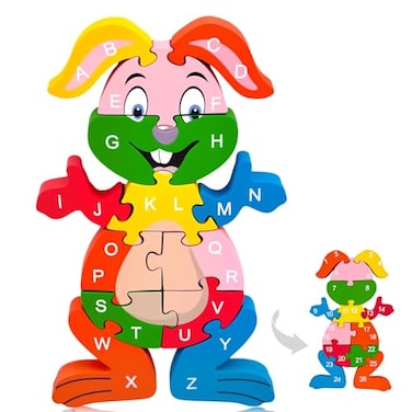 LovesTown Wooden Puzzles for Kids Double Sided Rabbit Jigsaw with Alphabet Numbers Montessori Educational Toy for Toddlers Chunky Animal Gift