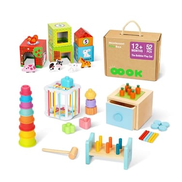 OOOK Montessori Toys for 1 Year Old 7 in 1 Learning Educational Kit with Sensory BinNesting Box 3 in 1 Educational BoxPounding Bench and Baby Stacking Cups
