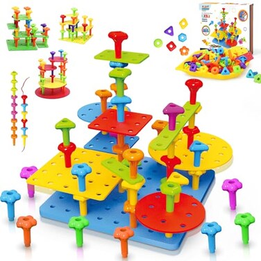 Ggiibro Peg Board Toy set 73Pcs DIY Building Stacking Toys for Kids 36 Years OldSTEM Educational Kids Toy for Brain DevelopmentMontessori Sensory ToysUpgrade Various Foam Board Plastic Lacing String G