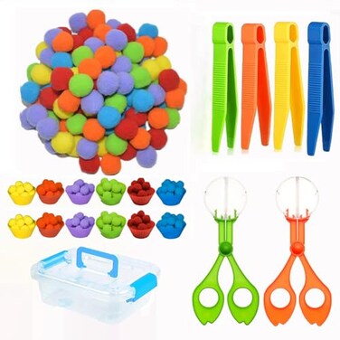 YQMVXW 119Pcs Kid Tweezers fine Motor Skills SetHelping Hands fine Motor Tool SetIncludes 100 Pcs Pompoms12 Cups4 Tweezers2 Clips1 Storage Box for Counting Sorting Training