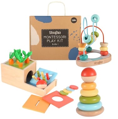 Twefex Wooden Montessori Learning Toys KitBabies Toys Set for 1 Year Old Sensory and Thinking Play kit for Toddlers Boys and Girls 4 in 1 Drop Box Rocking Stacker Bead Maze