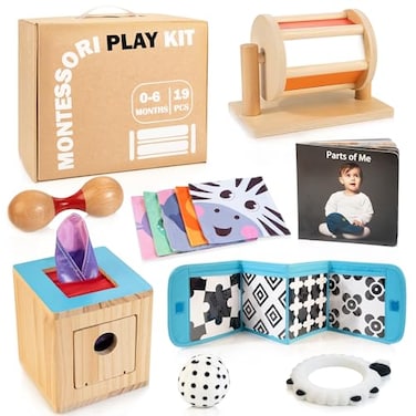 WOODMAM Montessori Toys for Babies 06 Months 9 in 1 Learning Educational Baby Gifts for Newborn 036 Months Includes High Contrast Cards Baby Tissue Box Toy Spinning Drum Teether and More