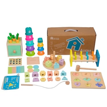 Adena Montessori Play Kit for 1318 Month Baby8 in 1 ToyColorful StackingNesting CupCoin BankCoinsCarrots LidCarrotsPosting LidFlexble StackerBead KitShape PuzzlePoundTap Hammer Bench
