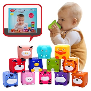 beeqoo Soft Baby Blocks Stacking Building Toys for Babies and Toddlers 12 Pcs No Hole Squeeze Animal Blocks Sensory Teething Toys for Infant 6 Months