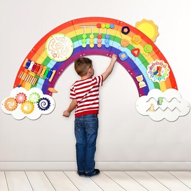 Justforjoyful 5FT Large Sunshine Rainbow Wooden Activity Wall Panel Christmas Gift Educational Montessori Toy for Toddler Kids Interactive Sensory Activity Busy Board Daycare Learning Center Toddler R