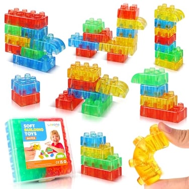 LESONG Sensory Building Toys for Toddlers 24PCS Squeezable Silicone Stacking Toys Early Learning Construction Playset for Preschool Manual Skills Birthday Gifts