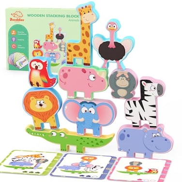 Zeoddler Montessori Toys for Toddlers 10 Pack Wooden Animal Stacking Blocks Sorting Stacking Preschool Learning Activities Gift for Boys Girls