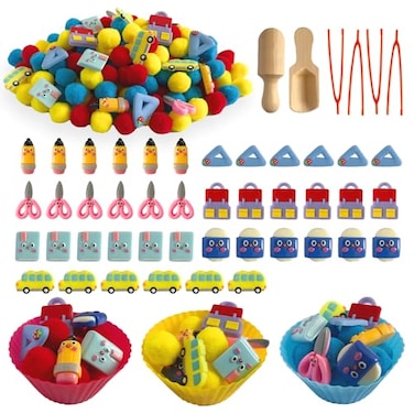 Unvola 154Pcs Back to School Sensory Bin Filler Fine Motor Toys Stationery Sensory Bin Items Counting Sorting Toy for Preschool Education Activities Include Pom Poms Pen Scissors Notebooks Cup