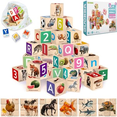 QUOKKA Montessori Wooden Blocks for Toddlers 13 35 Realistic ABC Learning Baby Blocks for Kids 35 Year Olds Stacking Alphabet Wood Toys for 24 yo Learn Letters Numbers