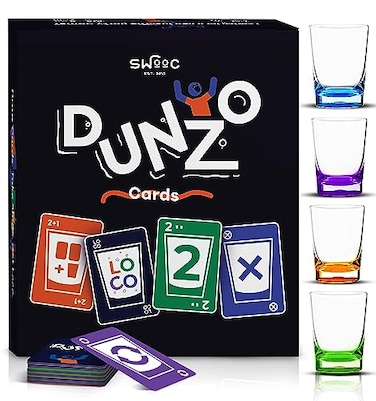 SWOOC DUNZO Hydrating Version of Classic Card Game with 4 Unbreakable Glasses Draw Two Skip Reverse Get Loco Fun Party Game Funny Gifts Card Games