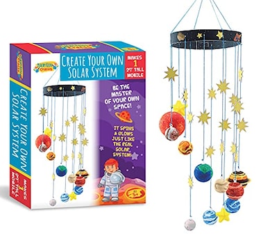 Peachy Keen STEM Learning Fun with 3D Solar System Kit Complete DIY Mobile Hanging Model 27Inch Long with 9 Foam Planets Sun 3D Solar System with Paintable Planets Glow in the Dark Paint Easy Instruct