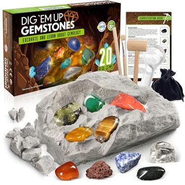 LotFancy Gemstone Dig Kit Excavate 20 Real Gems Science Kit for Kids Age 812 Educational Toy Birthday Gift for Boys Girls with Mining Tools