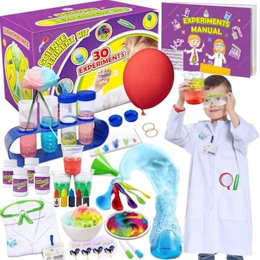 UNGLINGA 30 Experiments Science Kit for Kids with Lab Coat Chemistry Set STEM Toys Birthday Gifts for Boys Girls Scientist Costume Role Play Tools Educational Learning Set