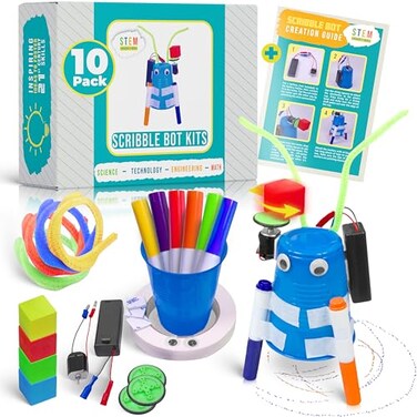 STEM Inventions Scribble Bot Kit 10Pack Bulk STEM Kits Build 10 Motorized Drawing Robots Complete Simple Circuits STEM Project Kit for Classrooms Ages 8