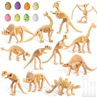 Sratte 52 Pcs Dinosaur Fossil Skeleton Kit for Kids with 24 Assorted Dino Bones 24 Mini Dinosaur Eggs 4 Bones Dino Sand Dig Toys for Science Play Sandbox Birthday Halloween PartyLight Brown