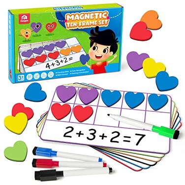 Coogam Magnetic Ten Frame Set Math Manipulative Games for Kids with 6 Ten Frames 60 Magnetic Math Counters Montessori Educational Toy Gift for Preschool Kindergarten 3 4 5 Year Old Toddlers